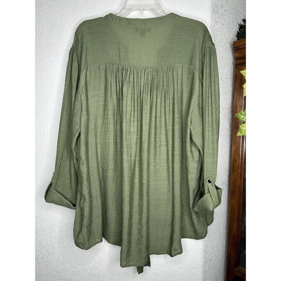 Cocomo Top 3X Green Pintuck Pleat Tie Front 3/4 Roll Tab Lightweight Plus Casual - Picture 2 of 7